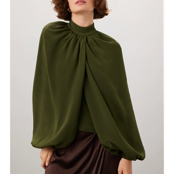 CO Olive Green Wrap Top MEDIUM Balloon Sleeve Career Mockneck Silk Designer $900 - Picture 2 of 12